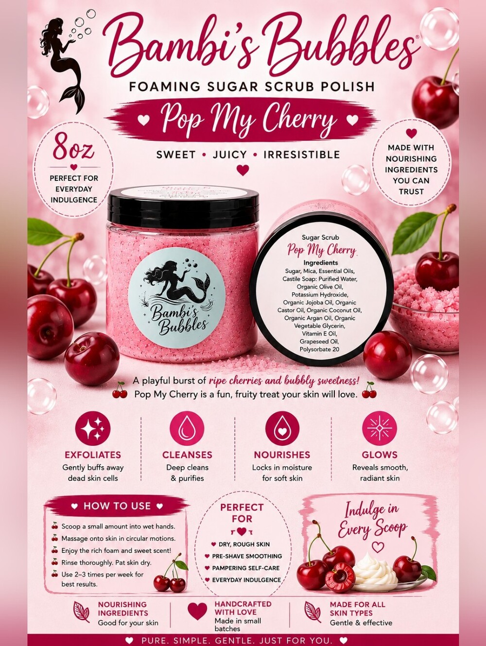 Pop My Cherry 8oz Hand Crafted Foaming Sugar Polish Scrub